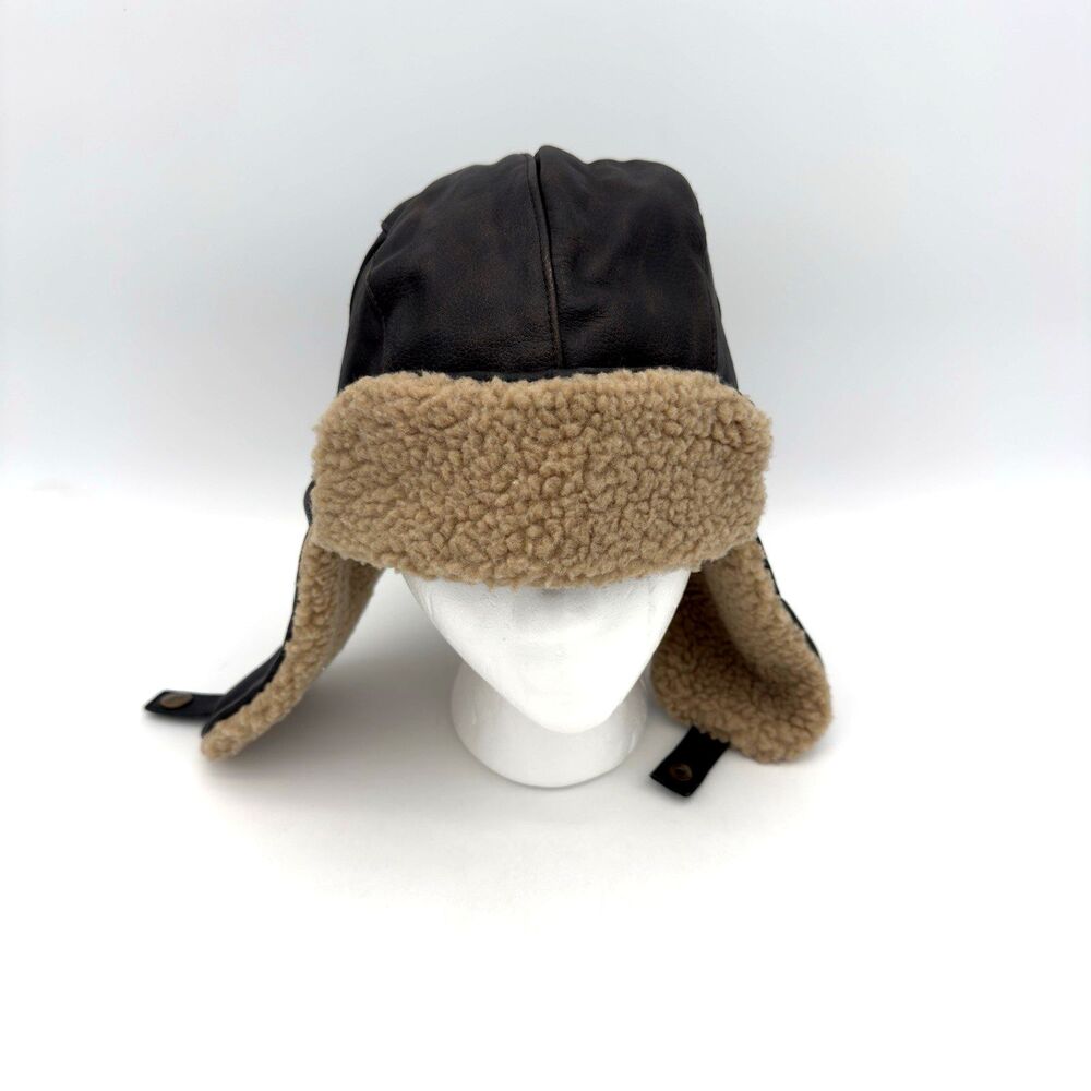 Brown/Tan Eddie Bauer Leather/Polyester Fur Trapper Hat Size L/XL